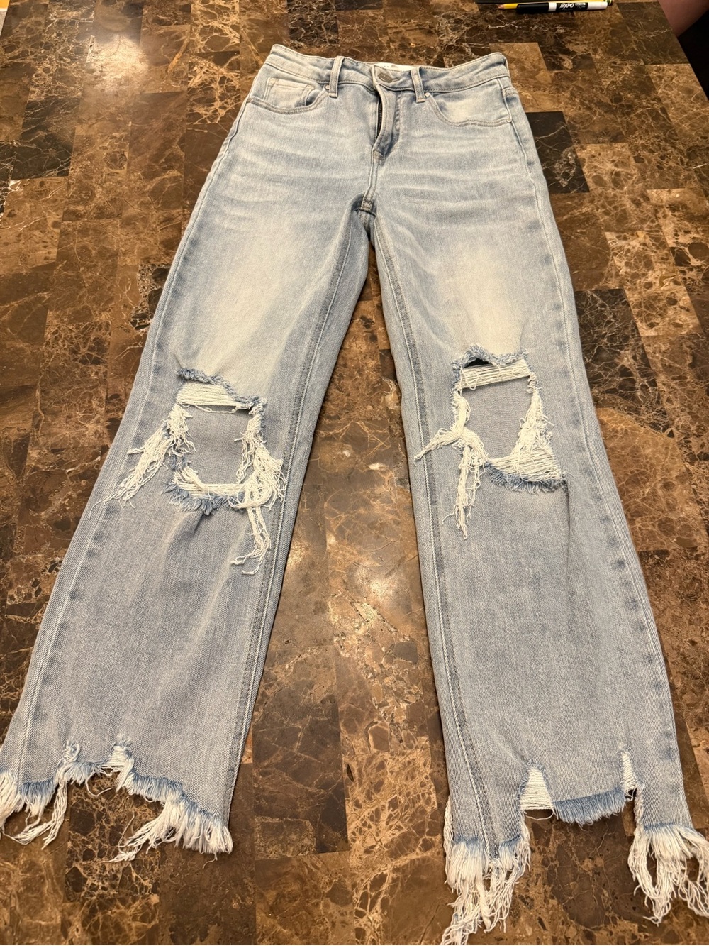 Light Wash Distressed Wide-Leg Jeans with Frayed Hem